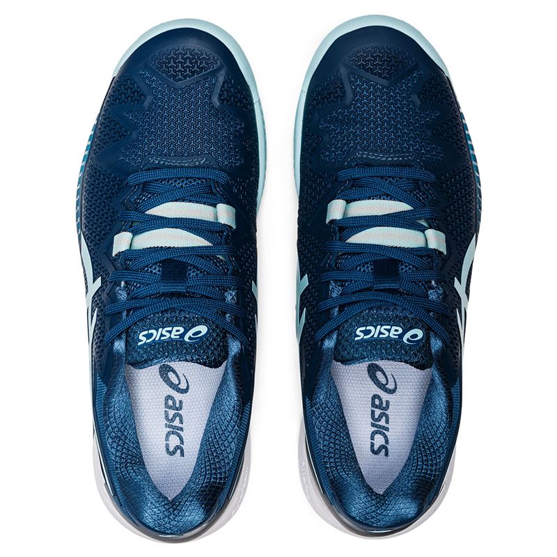 Asics Women`s GEL-Resolution 8 CLAY Tennis Shoes Light Indigo and Clear Blue